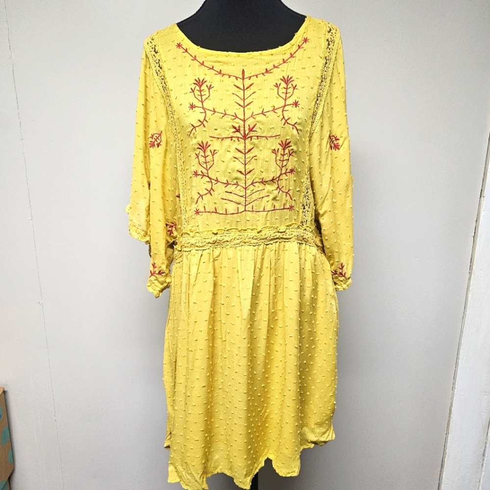 Entro‎ Butter Yellow Red Boho Loose Lined Tunic Midi Dress Embroidered Vacation